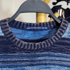 【極美品綿100%】王道ストライプ ニット M ネイビー 青 クルーネック 清潔感◎の画像