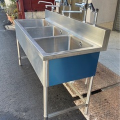 業務用 3槽シンク 3口蛇口付き 混合水栓付き 幅1500×奥600×高さ850+150(mm) 三層シンク 三槽シンク 3曹シンク 流し台 厨房機材 大阪の画像