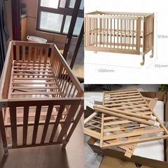 ドイツ無垢材ベビーベッド＋高品質マットレスセット｜美品｜組み立て簡単｜キャスター付きの画像