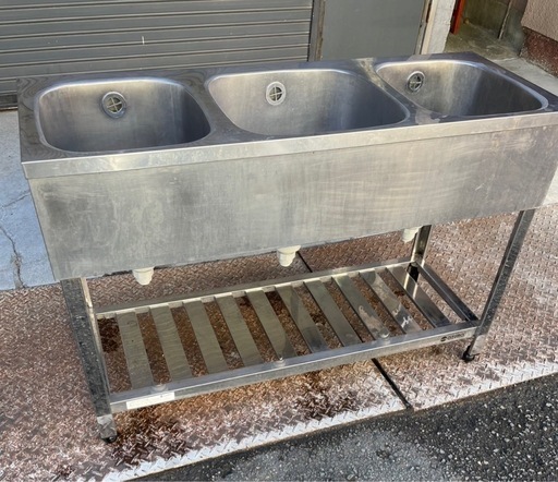 業務用 3槽シンク 幅1200×奥450×高さ800(mm) 排水ホース新品付き 三層シンク 三槽シンク 3曹シンク 流し台 厨房機材 大阪