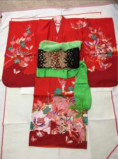 七五三 振袖 女児 赤 蝶 花柄 7歳 着物 和装