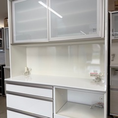 【超美品‼️】定価30万♪ 綾野製作所 140cm幅キッチンボード アネックス 食器棚 収納家具 鏡面仕上げホワイト♪の画像