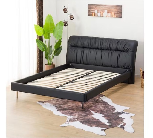 レザーダブルベッドフレーム ブラック W151×H89×D234cm 引取歓迎！ (た