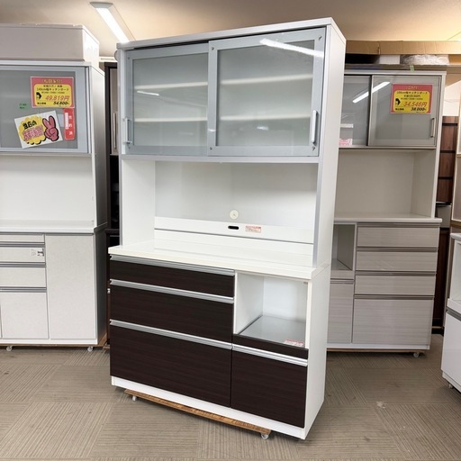 【超美品‼️】定価12万♪ 高橋木工所 120cm幅キッチンボード 食器棚 収納家具 木目調ダークブラウン♪