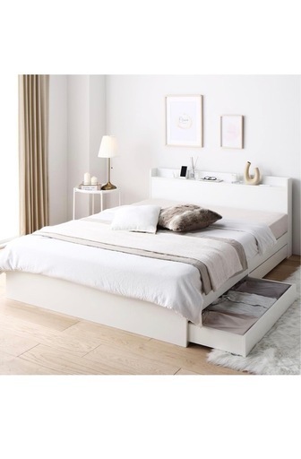 収納・コンセント付】セミダブルベッドフレーム（ホワイト）美品