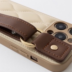 iPhone16スマホケース カバー PUレザー キルティング ハンドルベージュの画像