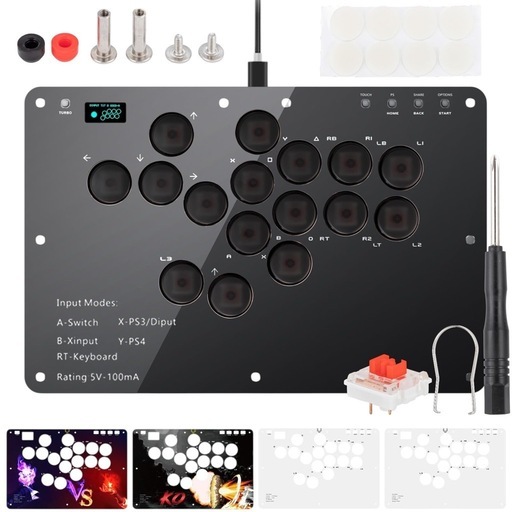 アケコン レバーレス コントローラー「16ボタン·RP2040搭載·全機種対応·手軽に昇龍発動」ps4コントローラー レバーレスコントローラー アーケードコントローラー 格闘ゲーム パッド 0遅延 極薄 195*295mm 膝置き ワイドパネル 15mm静音大按键 OLEDディスプレイ RGBled TURBO 格ゲー PC/PS/PS4/PS3/Switch対応 DIYパーツ付き
