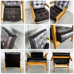 ★70s★昭和レトロ　喫茶店風 木肘ソファ｜ブラックレザー 1Pチェア ヴィンテージ家具の画像