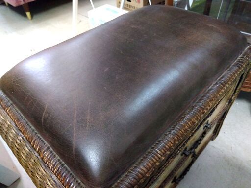 スツールチェスト 幅62×奥37×高44cm アジアンテイスト アンティーク ラタン×レザー 籐 2段 箪笥 収納 家具 札幌市 中央区 南12条