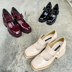 ESPERANZA エナメルストラップハイヒール メリージェーンパンプス 赤 ワインレッドの画像