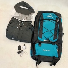 新品未使用　最強アウトドア3点✨75L登山リュック ＆ 多機能LEDライト ＆ レインコートの画像