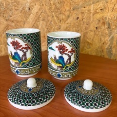 九谷焼　青郊　蓋付き夫婦湯呑みの画像