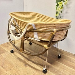 レトロ クーハン ゆりかご キャスター付き 籐製 ラタン 3way ベビーベッドの画像