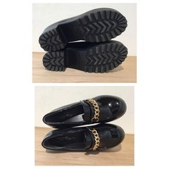 ブラックのチェーン装飾付き厚底ローファーの画像