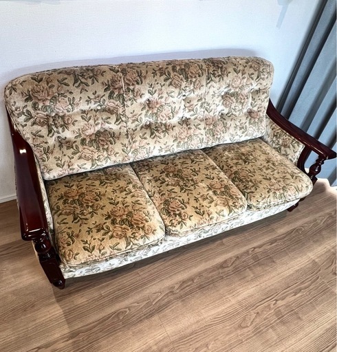 オールドカリモク 3Pソファ／花柄ファブリック／ヴィンテージ (こー