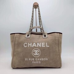 CHANEL シャネル ココマーク ドーヴィル MM シール有 トート ハンドバッグ 2way チェーン ショルダーストラップ キャンバス レザー 本革 ベージュ 薄茶 A4収納可能の画像