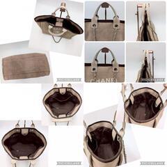 CHANEL シャネル ココマーク ドーヴィル MM シール有 トート ハンドバッグ 2way チェーン ショルダーストラップ キャンバス レザー 本革 ベージュ 薄茶 A4収納可能の画像