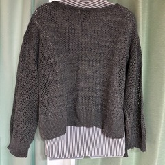 T-PLUS POCKET ラメ入り透かし編み長袖ニット グレー Fサイズ☆の画像