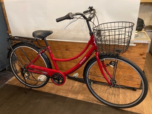 【前後タイヤ・チューブ新品！】LEDオートライト　6段変速　26インチ自転車　レッド