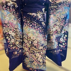 翠山工房　辻が花　振袖　紺　青　花絞り - 助け合い