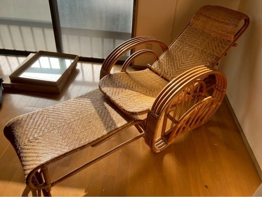 2/10まで】昭和レトロ ラタン リクライニングチェア オットマン付き