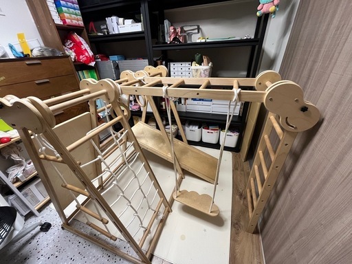 木製ジャングルジム 室内用 すべり台・うんてい・吊り輪・クライミング付き【引き取り限定】