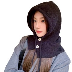 ウール調 バラクラバ 帽子 フードマフラー ボタン付き 防風の画像