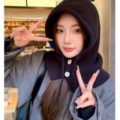 ウール調 バラクラバ 帽子 フードマフラー ボタン付き 防風の画像