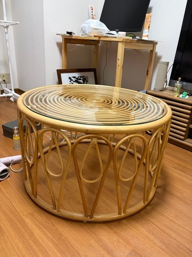 ローテーブル　ラタン製　ガラス天板 径71cm