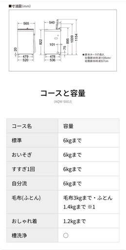 洗濯機　AQUA 6.0kg