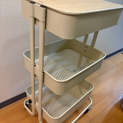 【タダ】キッチンワゴン 調味料ラック バスケットラック 木天板タイプ 収納ワゴン 3段 キャスター付 幅44.5×奥行35×高さ78cm ベージュの画像