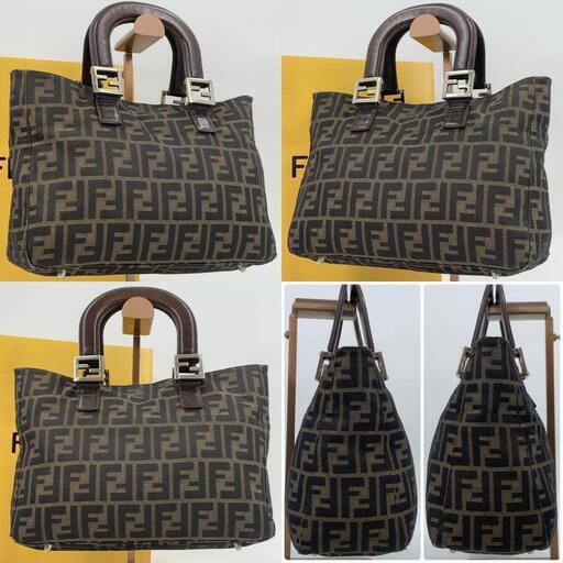 美品 FENDI フェンディ ハンド トートバッグ ズッカ FF金具 シルバー ナイロンキャンバス レザー 本革 茶 ブラウン カーキ