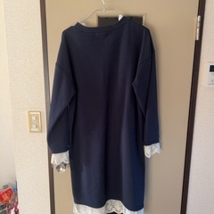 裏起毛 ロングワンピース ネイビー レース サイズLの画像