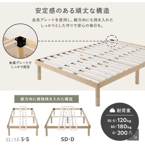 【未使用】天然木すのこベッド　クイーンサイズ(SS×2) ブラック