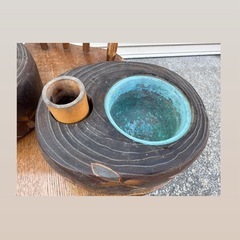 希少・螺鈿金彩】アンティーク 煙草盆 天然木くり抜き 灰皿・花器