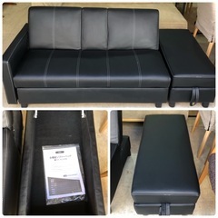 ソファベッド 3人掛けソファ 多機能 ソファ ソファー  オットマン 収納付き ブラック 黒の画像