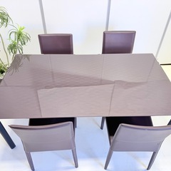 茶色ガラス天板のダイニングテーブル5点セットダイニングガラステーブル160cm幅の画像