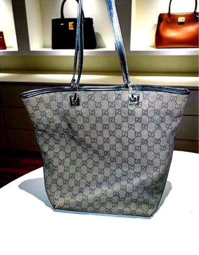 GUCCI トートバッグ 肩掛け GG柄 ロゴ金具 キャンバス レザー