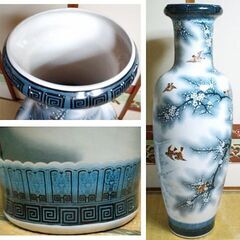 ★超特大飾り壺158cm！　【花鳥画　白梅と雀の図】　中国美術　作家銘有り　現物確認後の購入OK！の画像