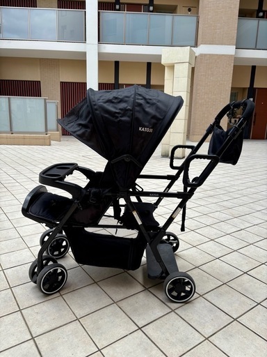 ✨美品✨【KATOJI】二人乗りベビーカー 二人でゴー BLACK　取替用リアシート(ブラック)・専用レインカバー付き