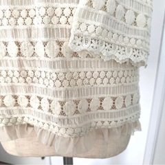 難あり INDEX サマーニット レース＆チュール付き七分袖トップス　Lサイズの画像