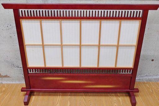 和風 木製 衝立 ついたて 格子 赤塗 花模様 蒔絵風 飾り衝立 インテリア 高さ約90cm 屏風 パーテーション