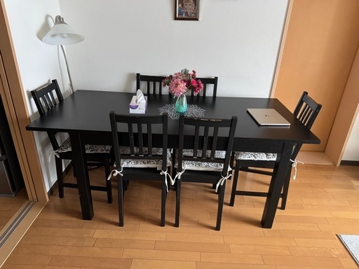 IKEA 伸長式ダイニングテーブル＋椅子6脚セット 引き取り限定