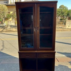 木製キャビネット ガラス扉 収納棚 食器棚 本棚 高さ186cm 直接引き取りの画像