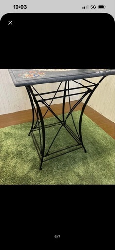 【リユース☆エコちょっぷ】アンティーク調 石天板モザイクテーブル｜象嵌細工 花柄 サイドテーブル アイアン脚 高級感 インテリア