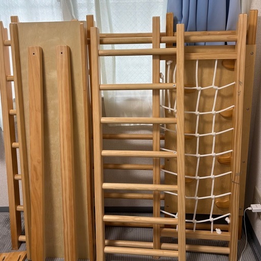 【20%値下げ】木製ジャングルジム 8WAYタイプ／折りたたみ可／滑り台付き（ハンモック欠品）