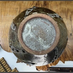 時代物 日本工芸会正会員 益子焼 名工 武田敏男 作 地掛芒文皿　壷 共箱 良品 和美術 和骨董 華道具 花瓶 花器 花入 花生 古玩 壺 床間飾り の画像