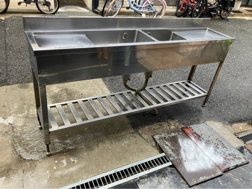 【中古】大阪引取限定　厨房機器　2層シンク　中央部シンク両端水切り部　横190cm　横長【KSB1F060】
