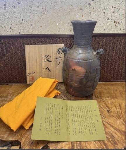 備前焼 人気作家 清水賢司 作 花入 共箱 窯印有 良品 窯変 耳付 華道具 花生 花瓶 床の間飾り 和美術 和骨董 茶道具 備前 煎茶道具 茶器 壷