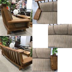 【ジ709】※お持ち帰り特別価格※ 木製フレーム 3人掛けソファ 木肘 レトロモダン(ma) の画像